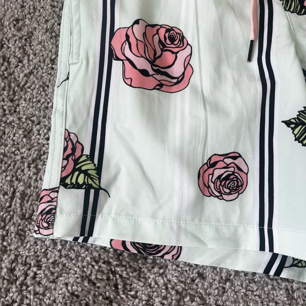 Men’s Surf Society Swim Trunks Shorts Mint‎ Pink Roses Stripes Size S